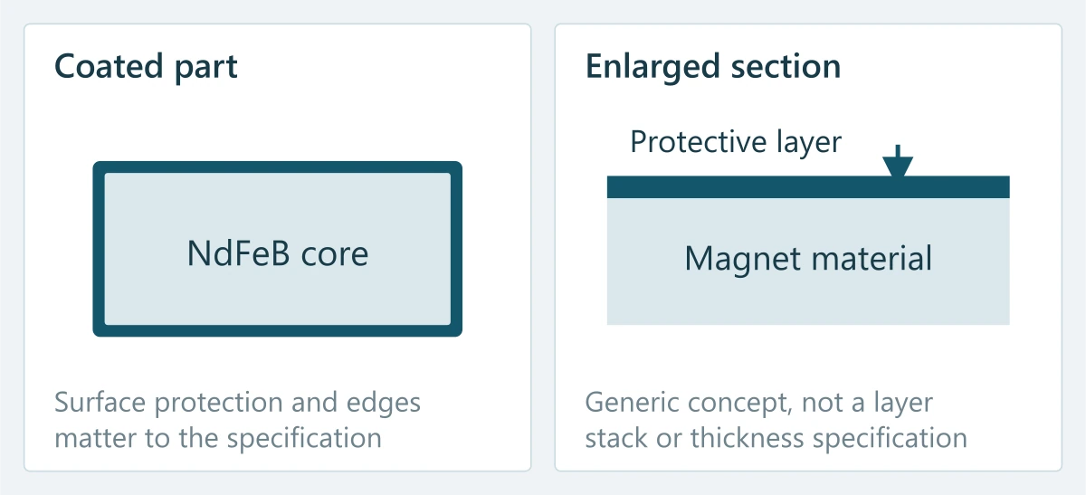 A magnet core surrounded by a protective coating, with an enlarged conceptual section
