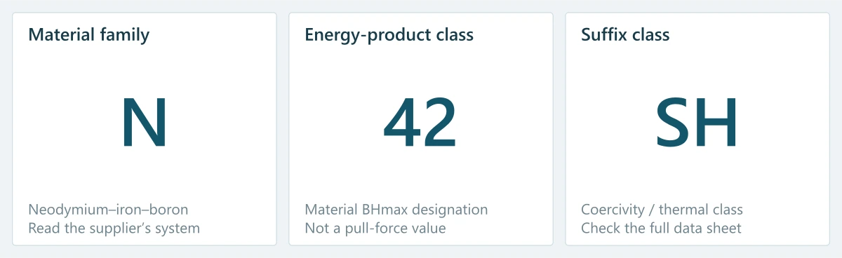 N42SH grade code separated into material family, energy-product class and suffix