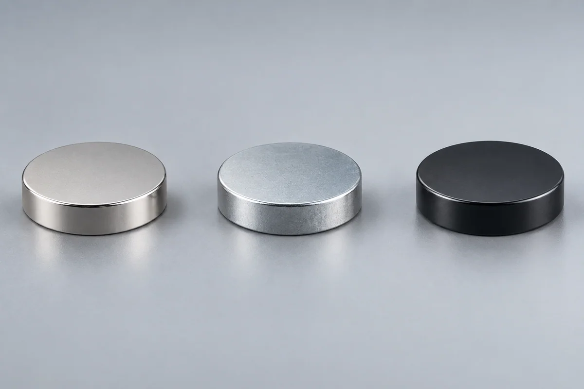 Three magnet discs with illustrative nickel, zinc and black epoxy surface appearances