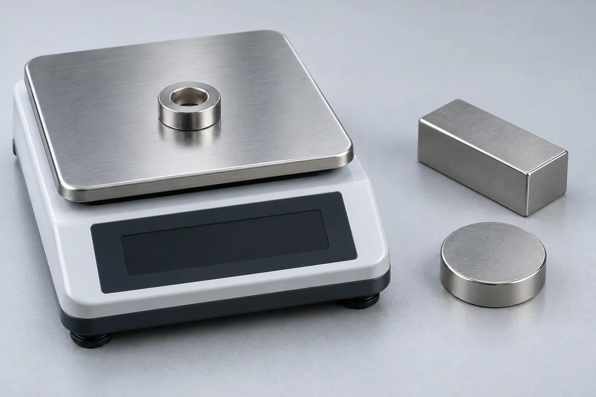 A ring magnet on a tabletop balance, with block and disc magnets beside it