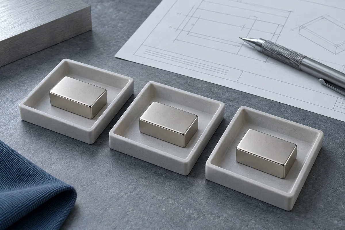 Three identical plated block magnets in separate sample trays beside an engineering drawing