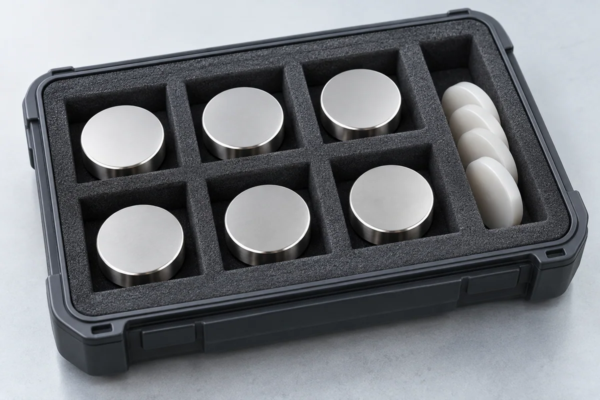 Disc magnets separated in individual protective foam compartments with polymer spacers