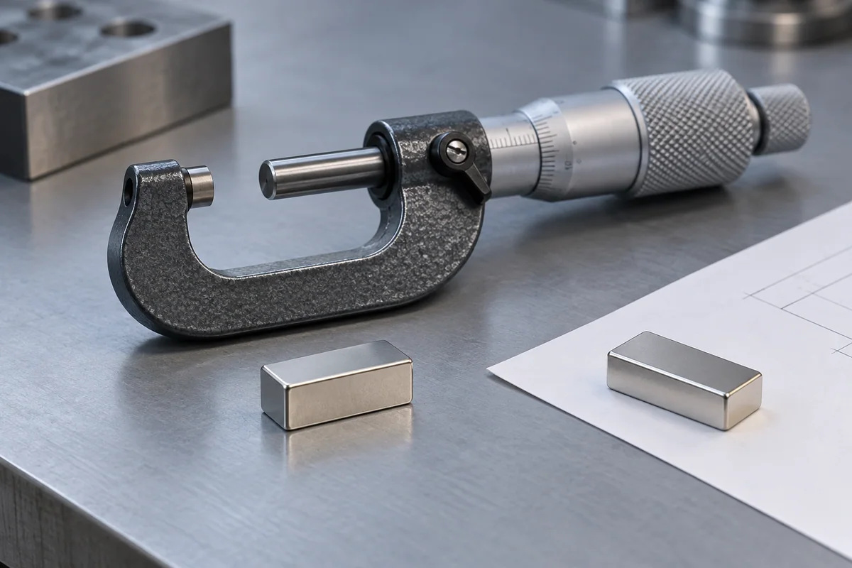 An outside micrometer beside two plated block magnets and an engineering drawing