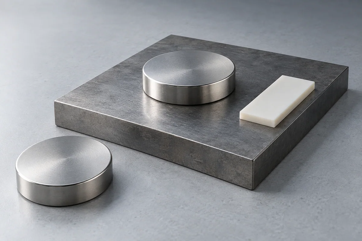A disc magnet in contact with a steel plate, with a separate nonmagnetic spacer beside it