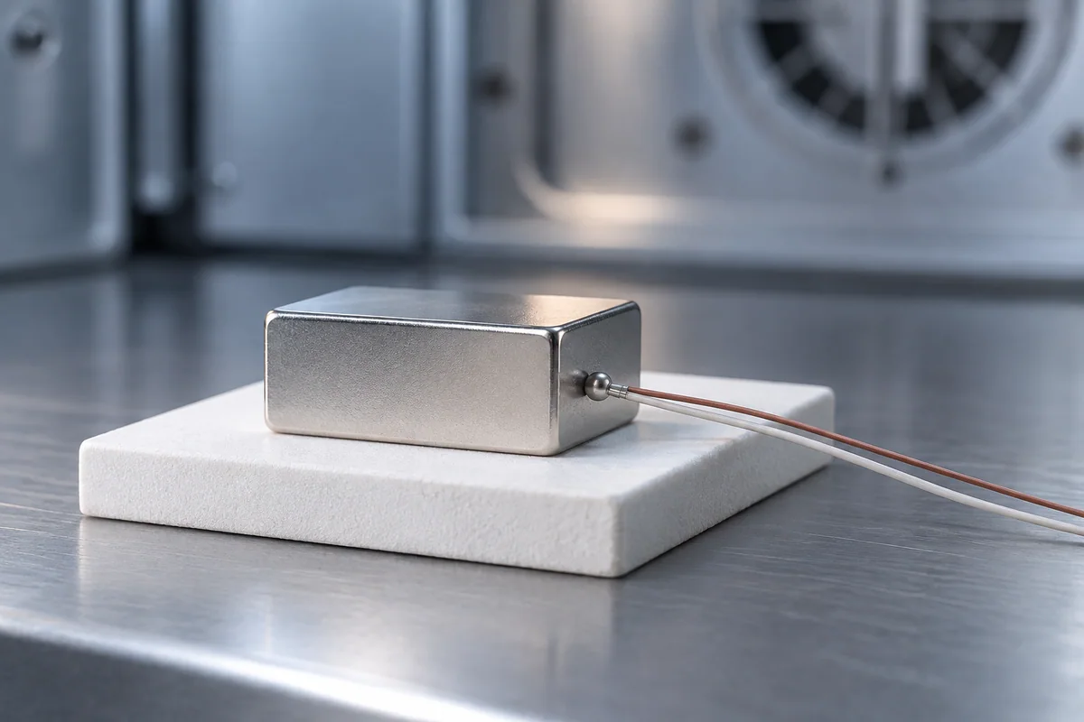 A thermocouple contacting a plated magnet on a ceramic platform, conceptual temperature setup