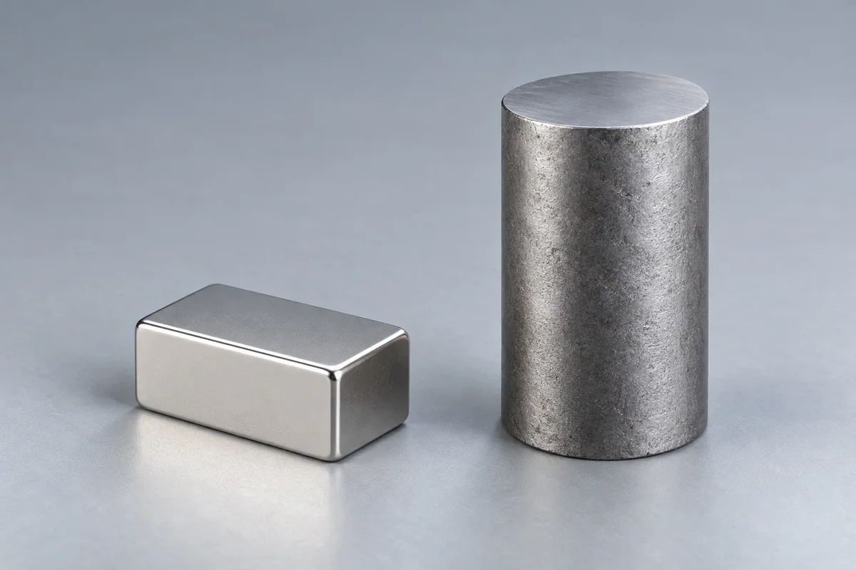 A plated neodymium block beside an unpainted cast Alnico rod