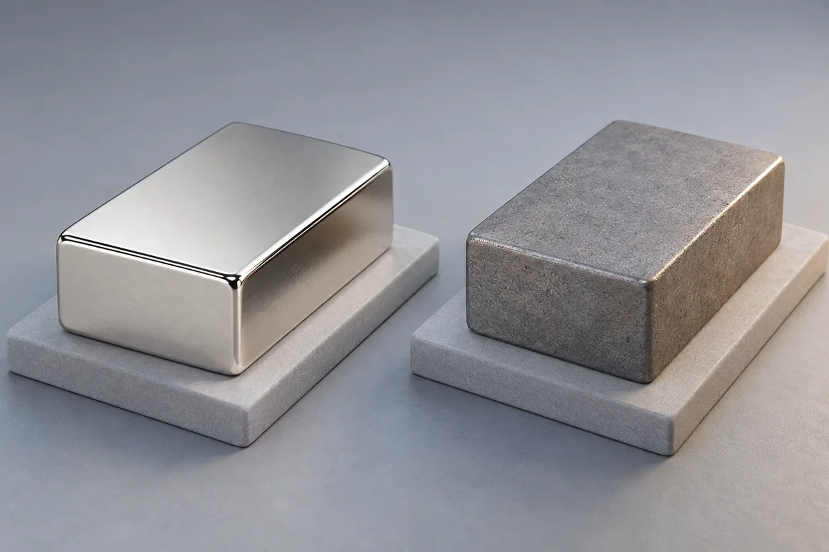 A nickel-plated NdFeB block beside an uncoated grey samarium cobalt block