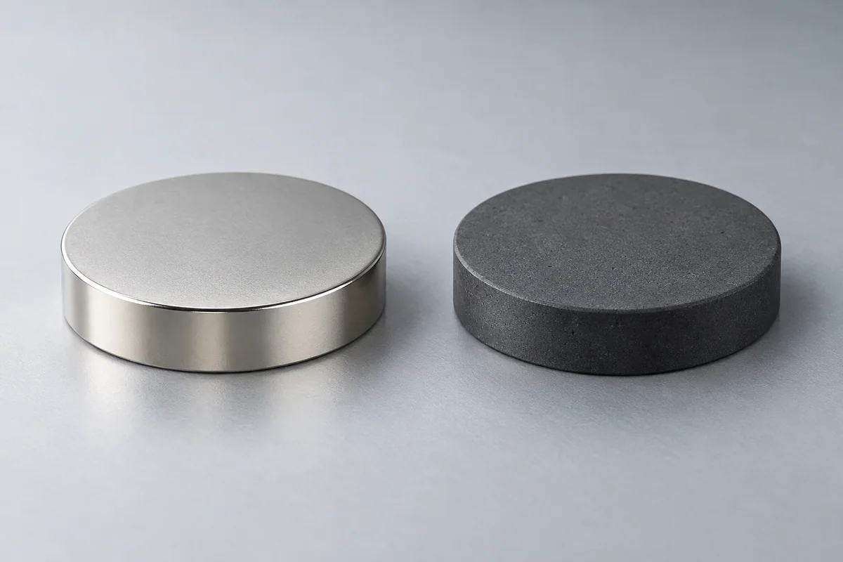 A plated silver NdFeB disc and a dark ceramic ferrite disc, shown at similar dimensions