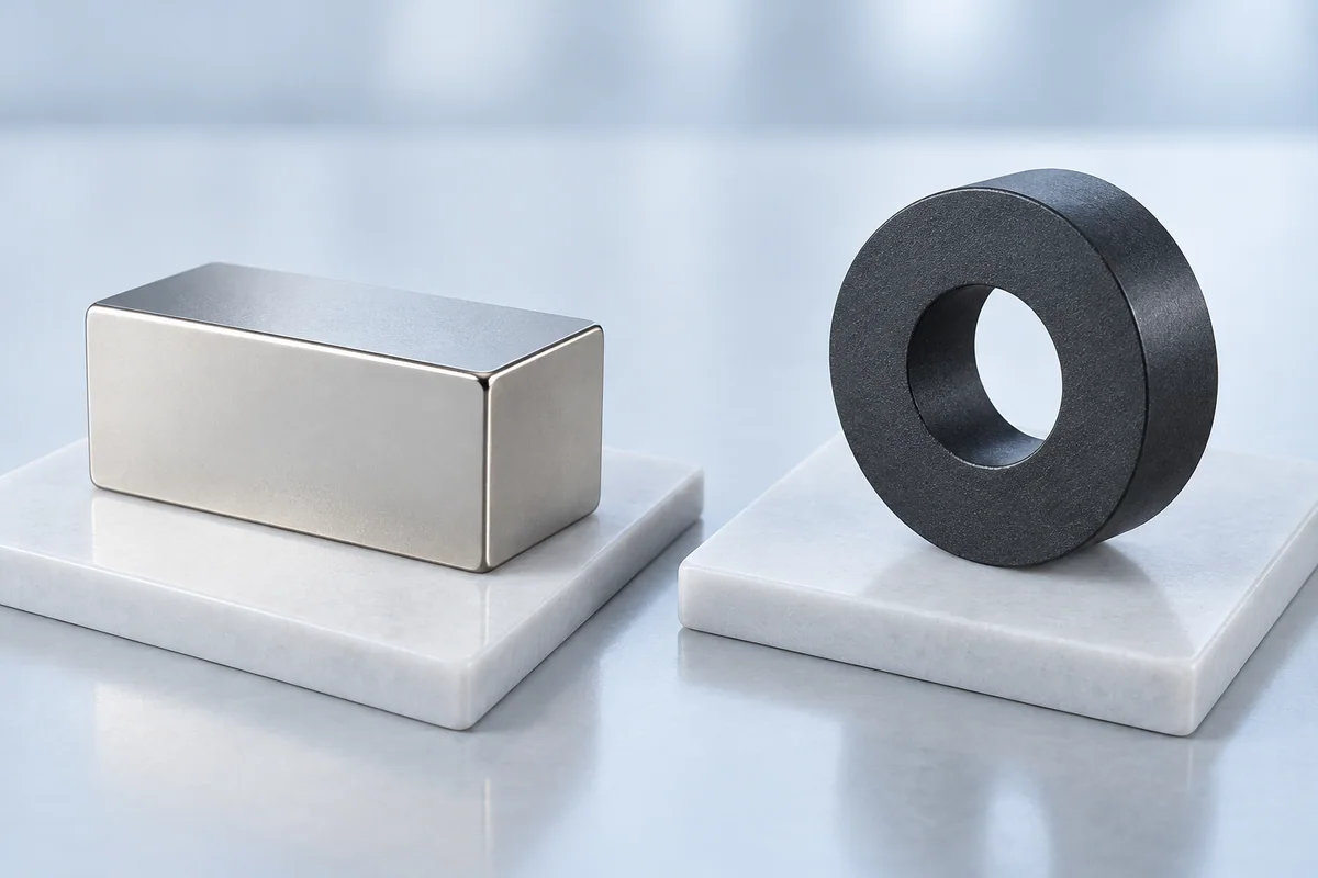 A plated sintered NdFeB block and a black polymer-bonded ring magnet